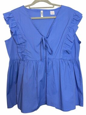 2 HEARTS Blue Ruffle Tie-Front Babydoll Peplum Top Blouse Size Large